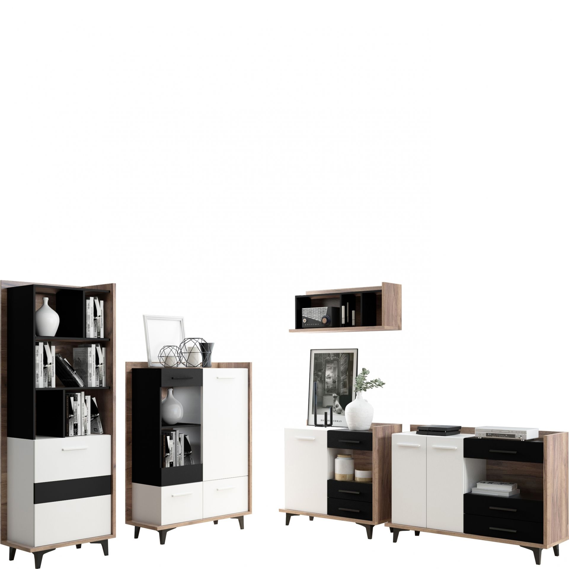 Zestaw Mebli do Salonu 4 Box MebloCross Dąb Artisan / Biały Mat / Czarny Mat