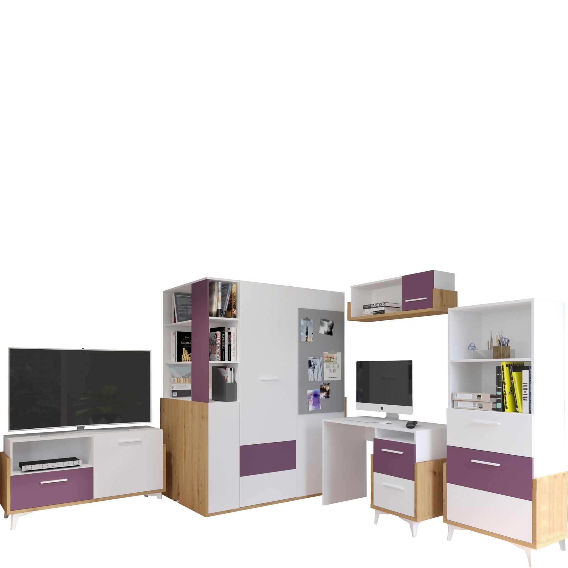 Zestaw Mebli Młodzieżowych 4 Hey MebloCross Dąb Artisan / Biały Mat / Fiolet