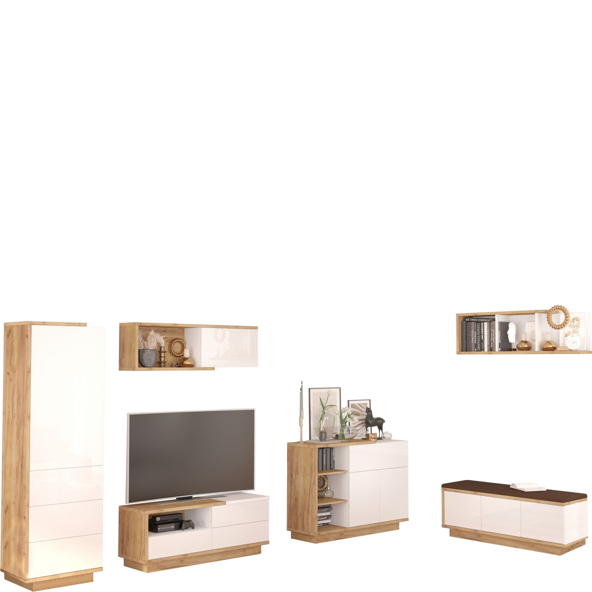 Zestaw Mebli do Salonu 3 Hybrid MebloCross Sonoma Jasna / Biały Połysk, Eco Beż