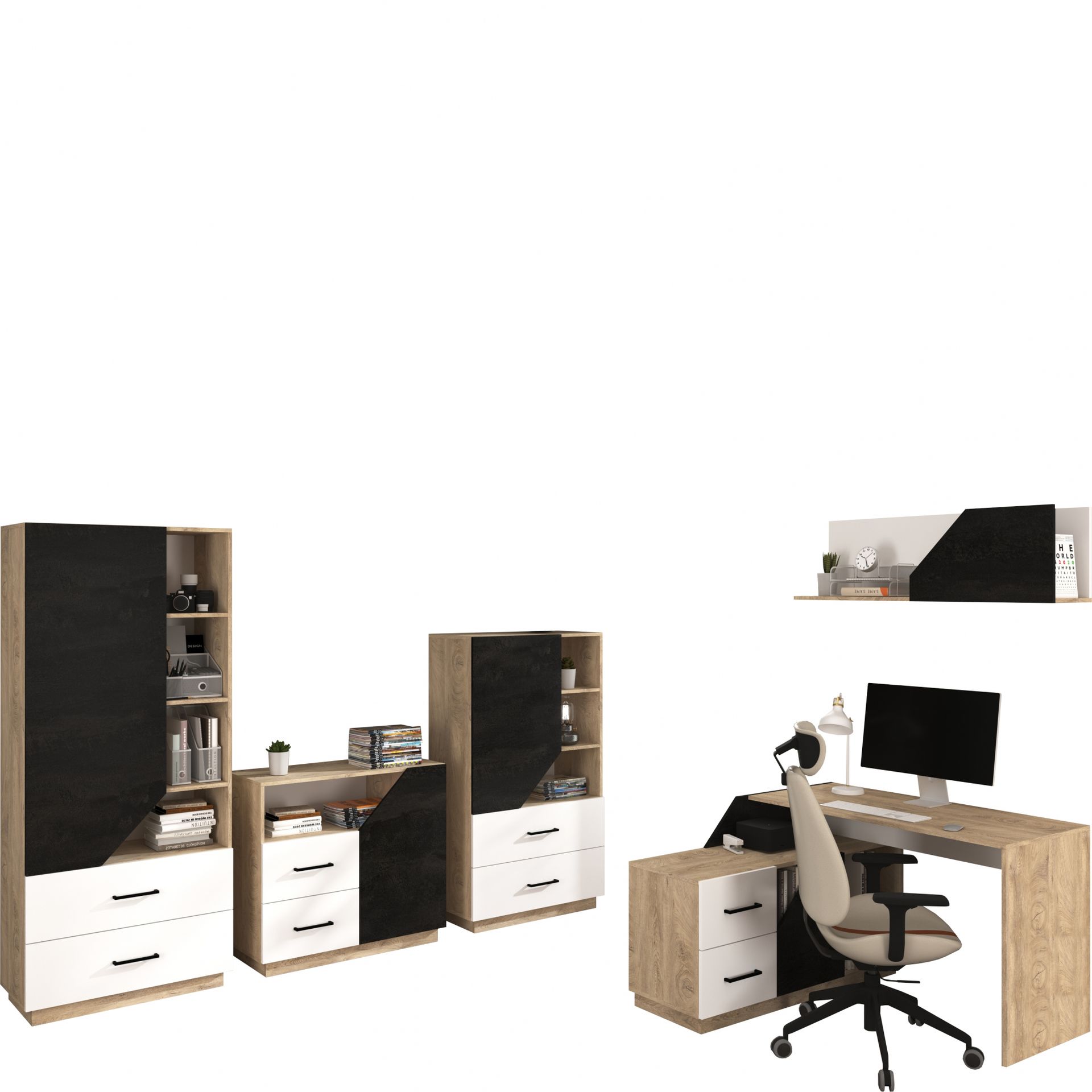 Zestaw Mebli do Biura 5 Pax MebloCross Dąb Endgrain / Biały / Beton Czarny