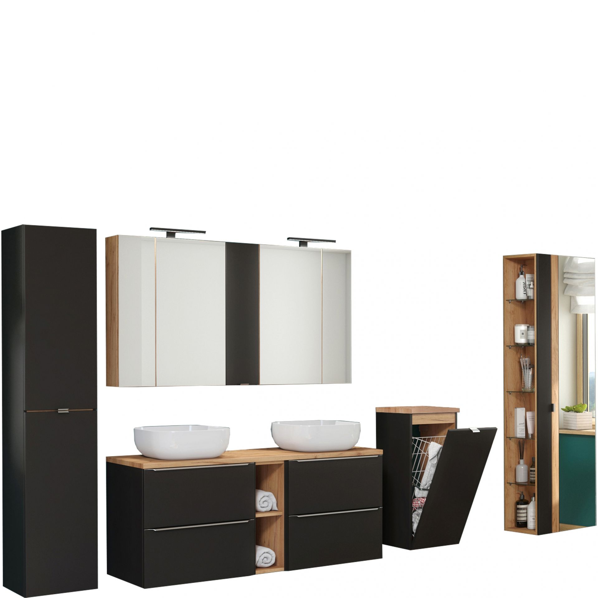 Zestaw Mebli do Łazienki Set 140 cm Capri Cosmos Comad Czarny, Dąb Craft Złoty