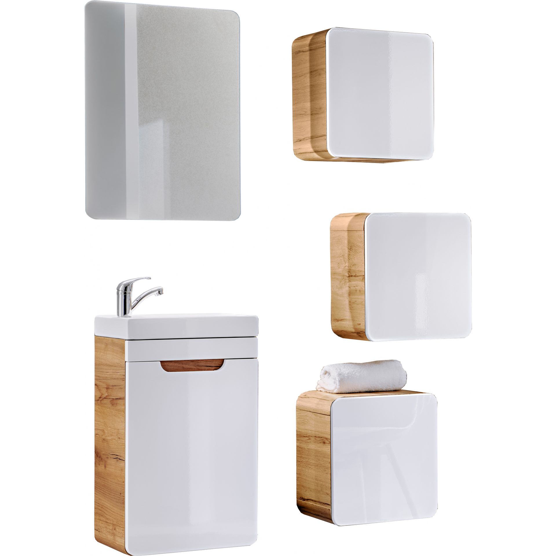 Zestaw Mebli do Łazienki Set 40 z Lustrem Aruba Comad Biały, Dąb Craft Złoty