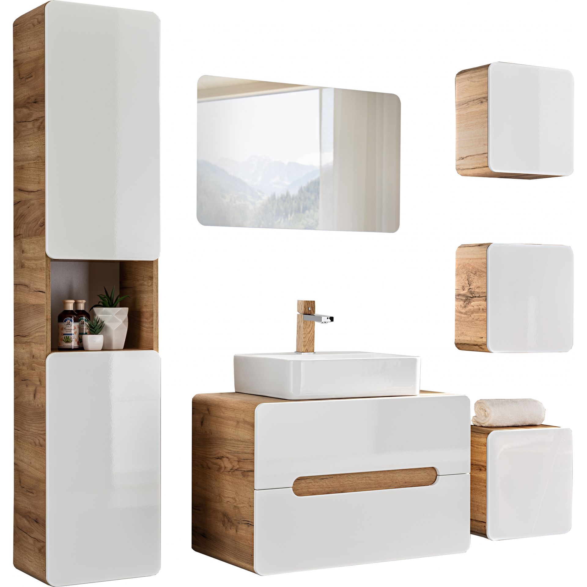 Zestaw Mebli do Łazienki Set 80 Universal Aruba Comad Biały, Dąb Craft Złoty