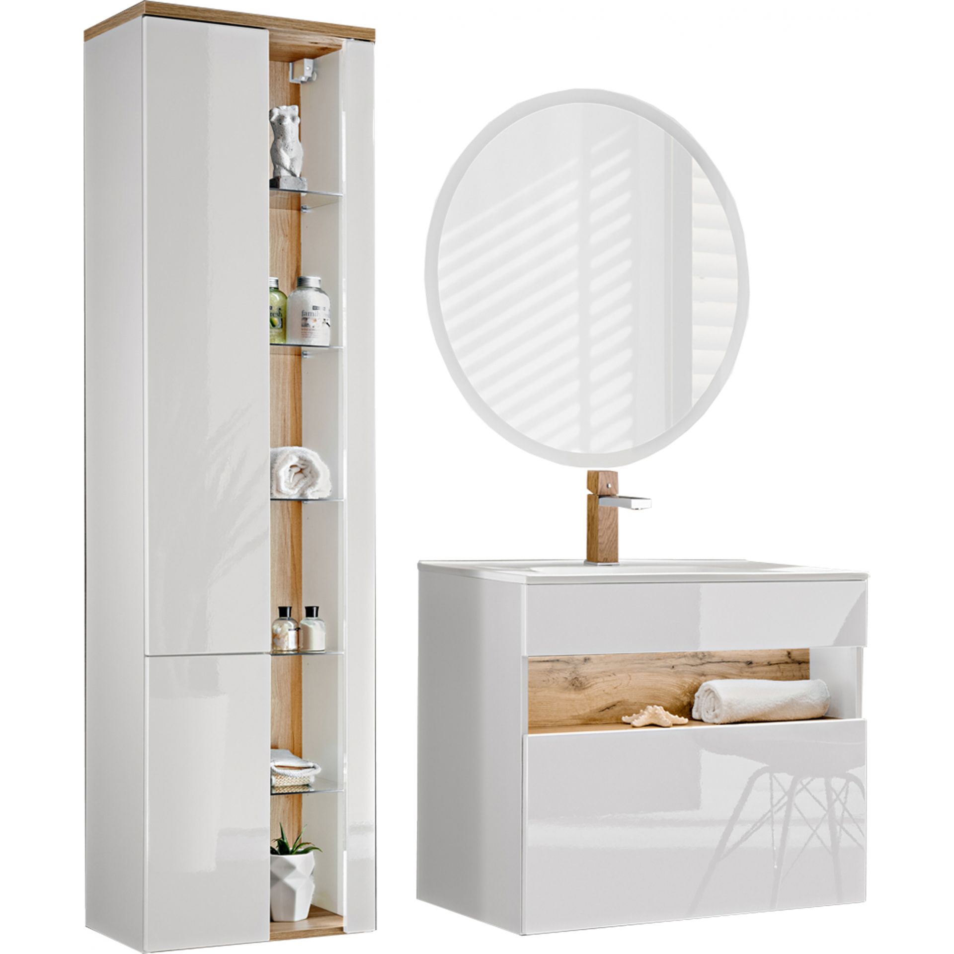 Zestaw Mebli do Łazienki Set 80 cm z Lustrem Bahama White Comad Biały, Biel Alpejska, Dąb Wotan