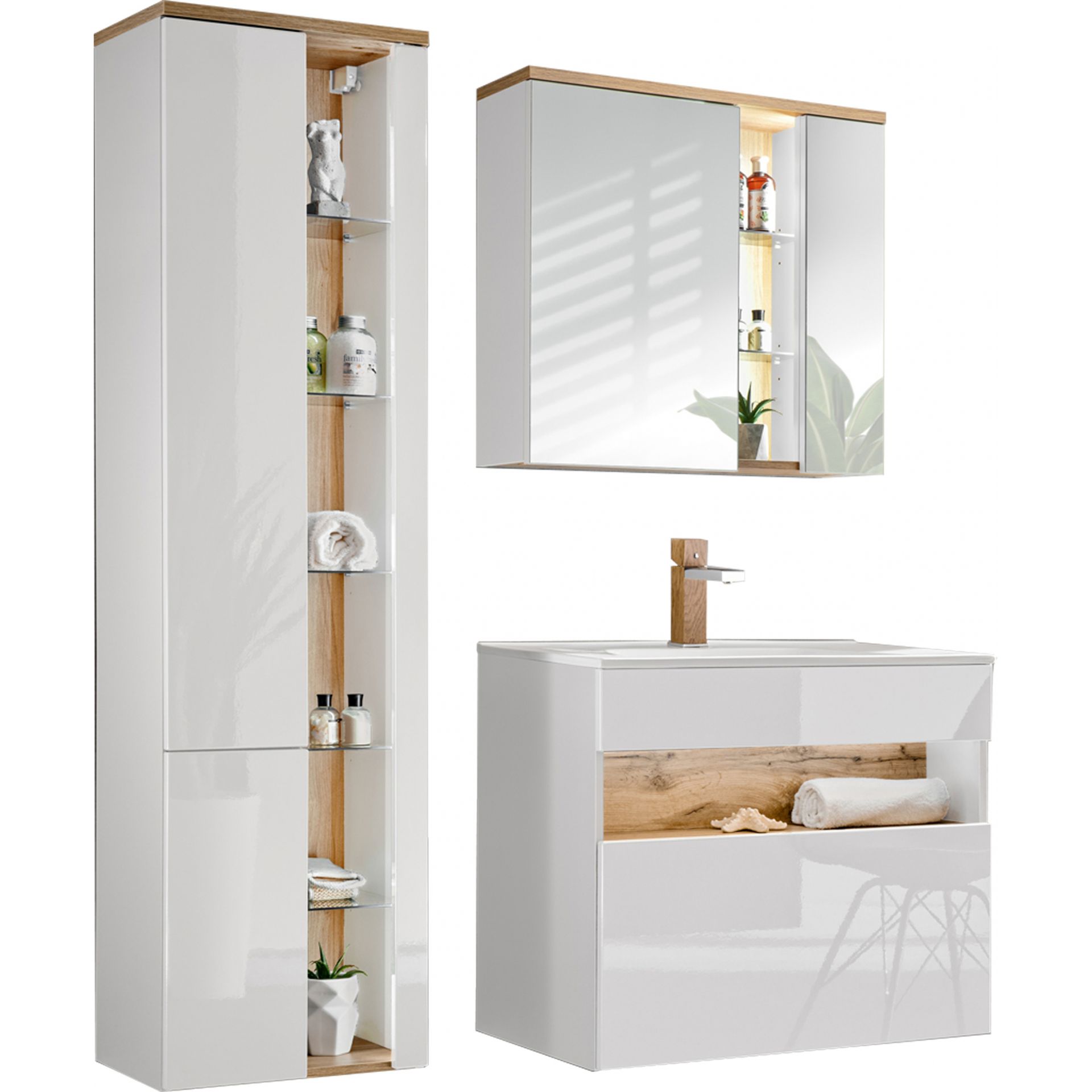 Zestaw Mebli do Łazienki Set 80 cm Bahama White Comad Biały, Biel Alpejska, Dąb Wotan