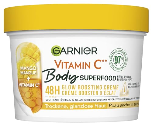 Garnier Odżywcza pielęgnacja ciała dla bladej i suchej skóry, masło do ciała z mango i witaminą C, do 48 godzin nawilżenia, 1 x 380 ml