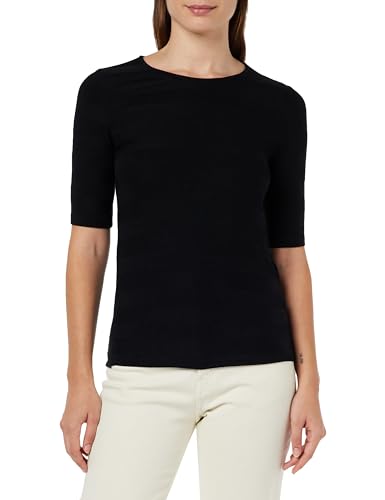 Damska koszulka damska KAFFE o pół długości rękawów w paski koszulka z dekoltem slim fit damska, Głęboka czerń, M