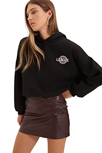 Trendyol Bluza damska z kapturem z sloganem oversize, czarna, M, Czarny