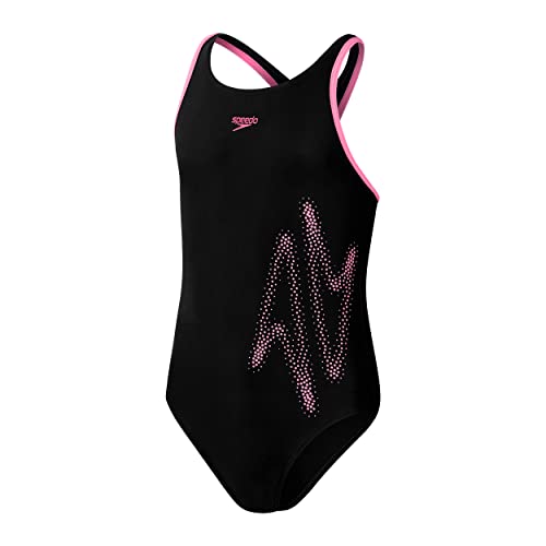 Speedo Girl's Boom Logo Placement Flyback Czarny/Różowy Strój Kąpielowy/Kostium Kąpielowy, Czarny/różowy Taffy, 12 lat