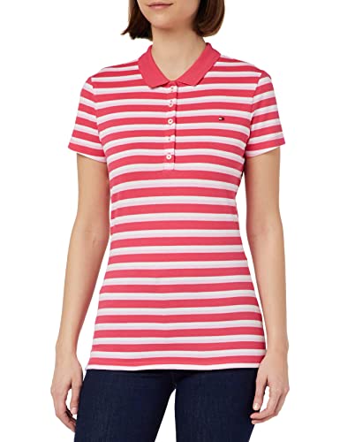 Tommy Hilfiger Damska koszulka polo z krótkim rękawem, wąska koszulka polo w paski, Pink Splendor/biały, S