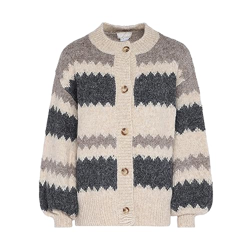 Jalene Damski szeroki falowany kardigan w paski z okrągłym dekoltem wełniany biały wielokolorowy rozmiar M/L, Wełna biała, wielokolorowa, M