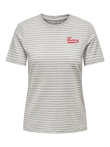ONLY Onlweekday Reg S/S Stripe Top Box JRS T-Shirt damski, Light Grey Melange/Print: in Love (High Risk Red), L