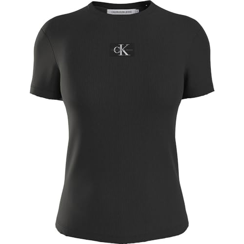 Calvin Klein Jeans Damska koszulka z tkaną metką prążkowaną Regular Tee S/S dzianinowe topy, Ck czarny, M