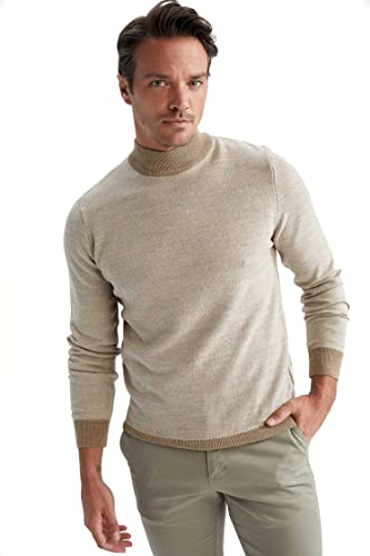 DeFacto Męski sweter z dzianiny z długim rękawem, okrągły dekolt, krój slim fit dla mężczyzn, topy (LT/beżowy melanż, 3XL), L. beżowy melanż, 3XL