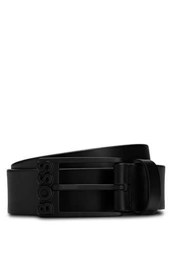 BOSS Simo-R-B Sz35 męski pasek z włoskiej skóry z matowym czarnym zapięciem z logo, czarny (Black1), 85