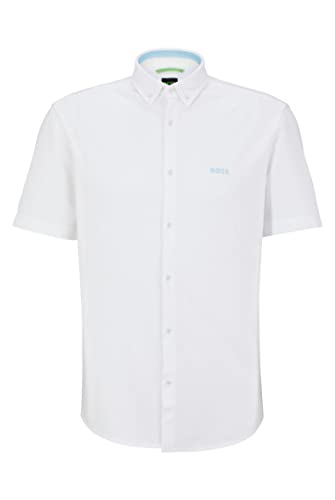 BOSS BIADIA R Regular-Fit męska koszula z krótkim rękawem z dwukolorowej bawełny, White100, M