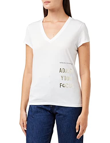 Armani Exchange Damska koszulka z krótkim rękawem, dekolt w serek, z boku, biały, L