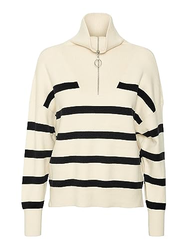 VERO MODA Bluzka damska z wysokim dekoltem, zamek błyskawiczny, Birch/Stripes:black, S