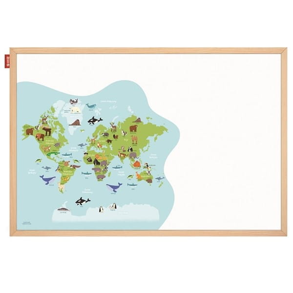 Tablica edukacyjna magnetyczna suchościeralna nadruk MAPA świata i zwierzęta rama drewniana 40x60cm MEMOBE 1szt.  /MTM060040.MA01.01.51/