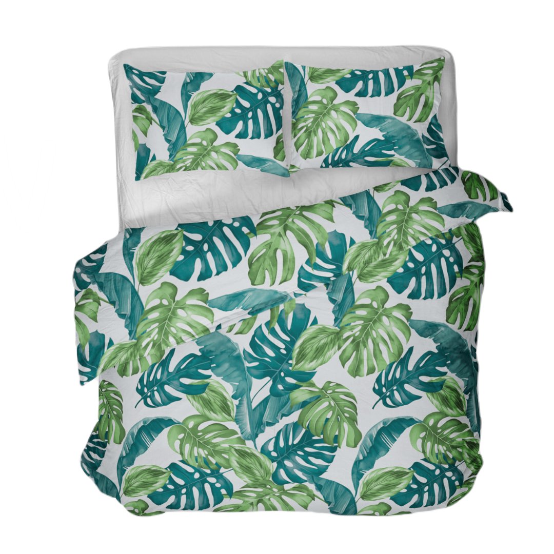 Pościel z kory 160x200 zielone niebieskie liście monstera na białym tle
