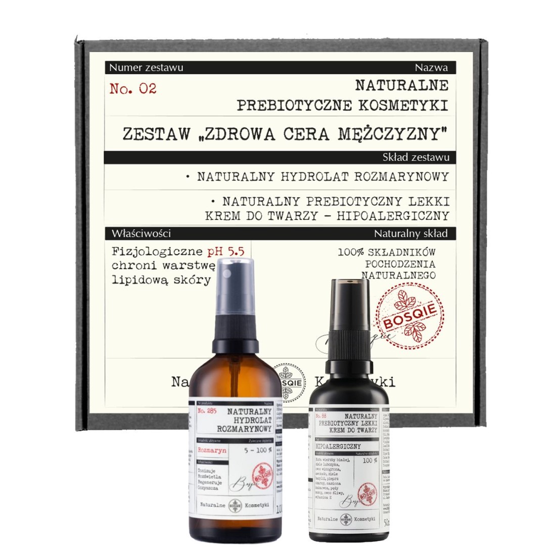 Bosqie Zestaw Zdrowa Cera Mężczyzny (Hydrolat rozmarynowy 100ml + Krem bezzapachowy 50ml)