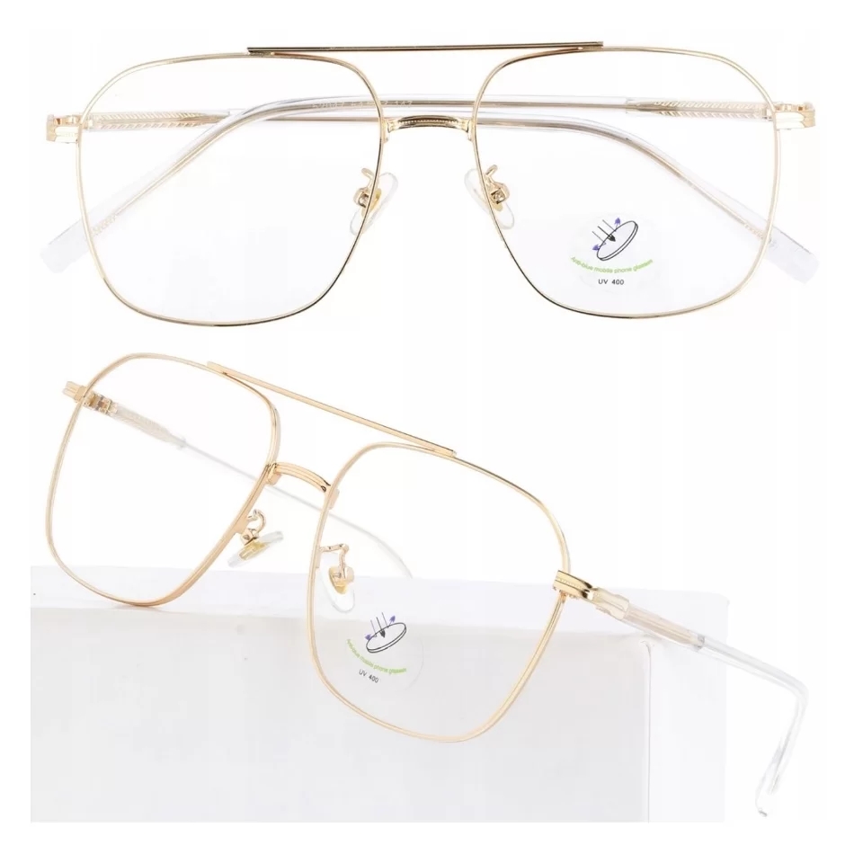 Pilotki Złote druciane okulary zerówki filtr Blue Light do komputera 25108A