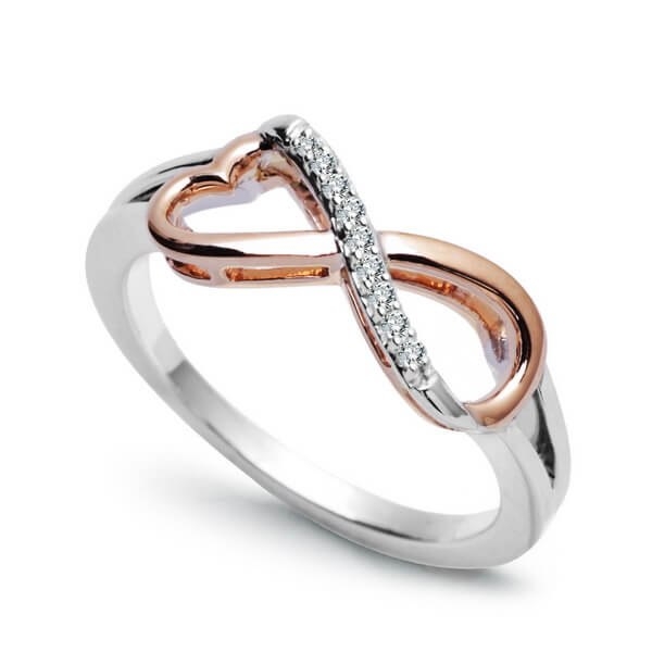 Złoty pierścionek nieskończoność z brylantami białe i różowe złoto Staviori