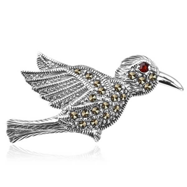 Srebrna broszka ptak Koliber z granatem i markazytami Staviori
