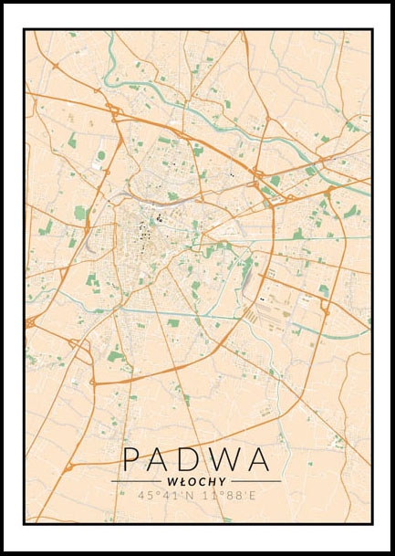 Plakat, Padwa, Włochy mapa kolorowa, 21x29,7 cm