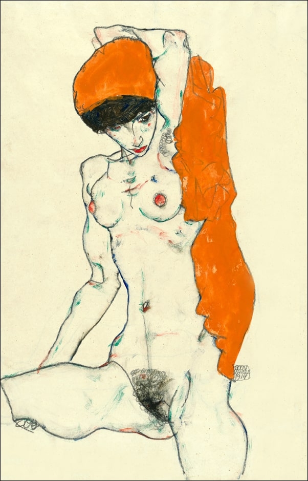 Standing Nude with Orange Drapery (recto)  Study of Nude with Arms Raised (verso), Egon Schiele - plakat Wymiar do wyboru: 70x100 cm