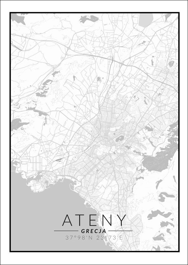 Plakat, Ateny mapa czarno biała, 59,4x84,1 cm