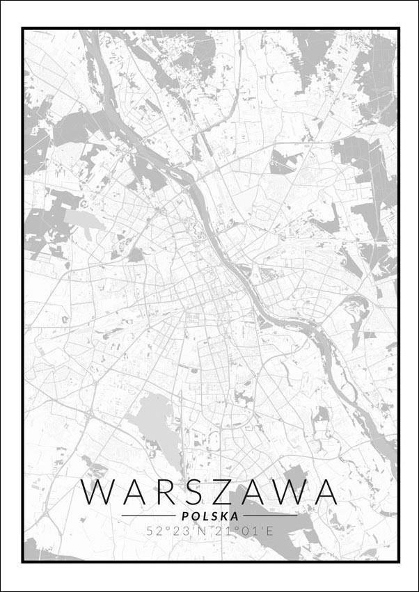 Plakat, Warszawa mapa czarno biała, 61x91,5 cm