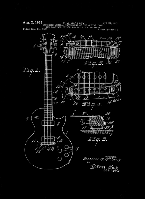 Plakat, Patent Gitara Elektryczna Projekt 1955 - retro, 42x59,4 cm