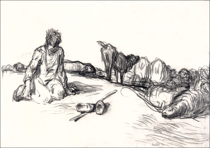 A Seated Shepherd with His Dog and Sheep, Jean-François Millet - plakat Wymiar do wyboru: 20x30 cm