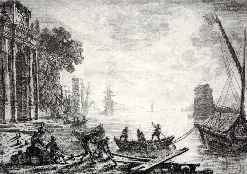 Harbor with rising sun, figures in foreground, colonnade on left, Claude Lorrain - plakat Wymiar do wyboru: 100x70 cm