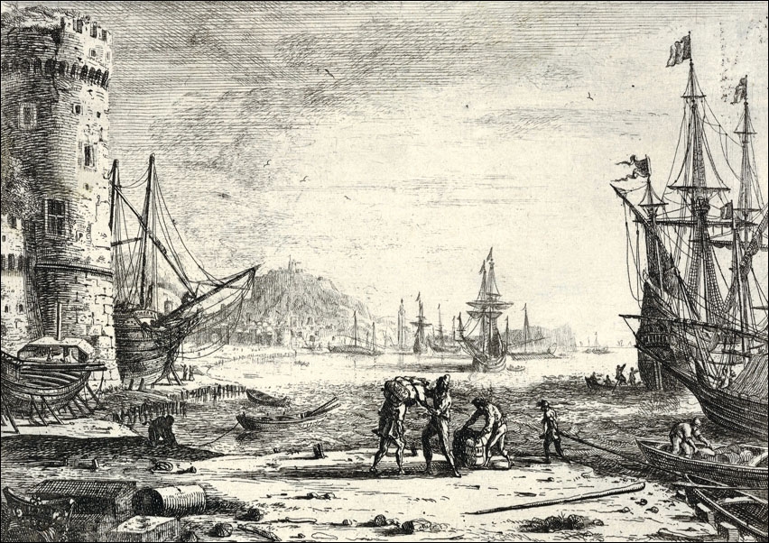 Harbor with large tower at left, and figures in the foreground, Claude Lorrain - plakat Wymiar do wyboru: 100x70 cm