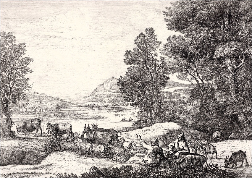 Shepherd and shepherdess conversing in a landscape, with a bridge in the background, Claude Lorrain - plakat Wymiar do wyboru: 70x50 cm