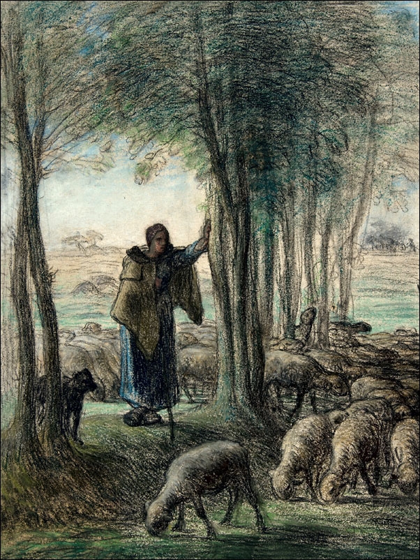 A Shepherdess and Her Flock in the Shade of Trees, Jean-François Millet - plakat Wymiar do wyboru: 70x100 cm