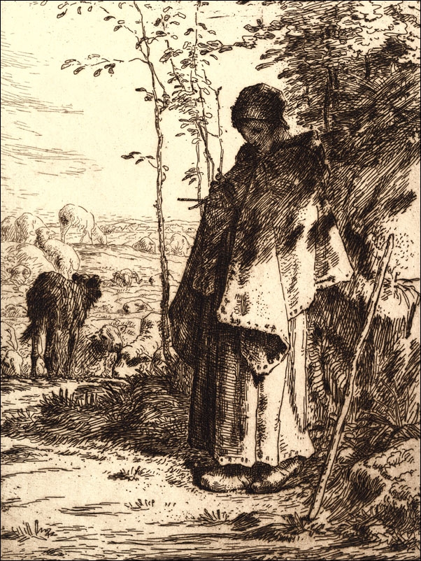 Shepherdess Knitting, Jean-François Millet - plakat Wymiar do wyboru: 70x100 cm