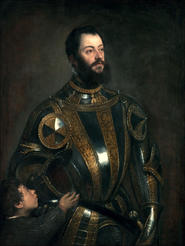 Portrait of Alfonso dAvalos, Marchese del Vasto, in Armor with a Page,, Tycjan - plakat Wymiar do wyboru: 70x100 cm