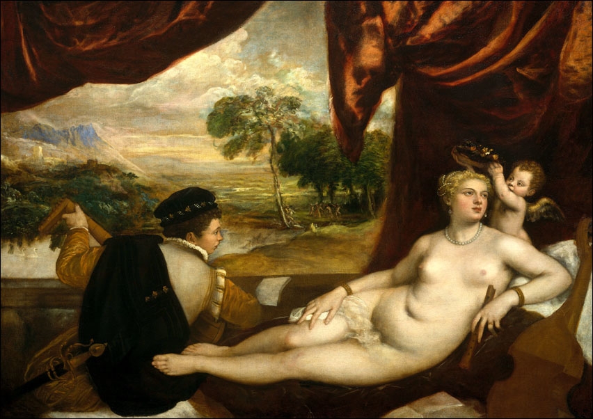 Venus and the Lute Player, Tycjan - plakat Wymiar do wyboru: 70x50 cm