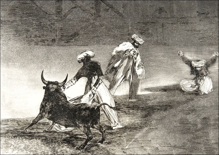 Plate 4 from the Tauromaquia- They play another with the cape in an enclosure, Francisco Goya - plakat Wymiar do wyboru: 70x50 cm
