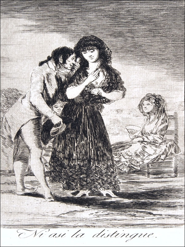 Plate 7 from Los Caprichos- Even thus he cannot make her out (Ni asi la distingue, Francisco Goya - plakat Wymiar do wyboru: 30x40 cm