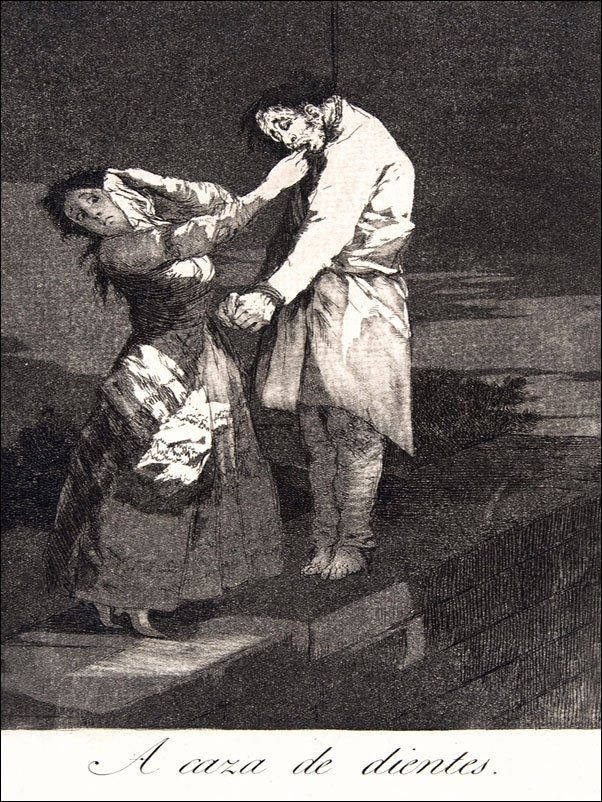 Plate 12 from Los Caprichos- Out hunting for teeth (A caza des dientes, Francisco Goya - plakat Wymiar do wyboru: 30x40 cm