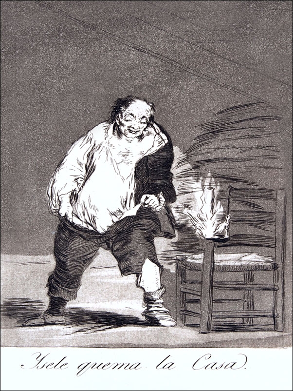 Plate 18 from Los Caprichos- And his house is on fire (Ysele quema la Casa, Francisco Goya - plakat Wymiar do wyboru: 50x70 cm