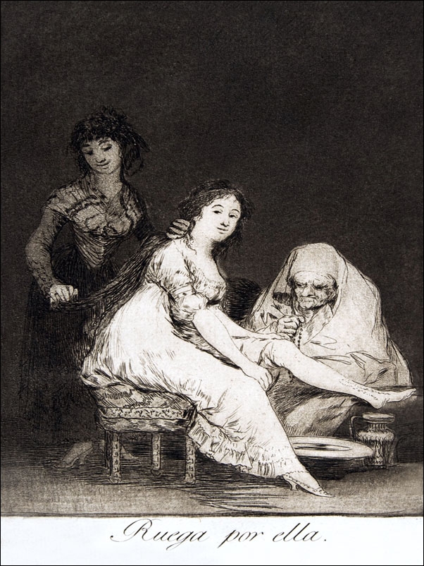 Plate 31 from Los Caprichos- She prays for her (Ruega por ella, Francisco Goya - plakat Wymiar do wyboru: 30x40 cm