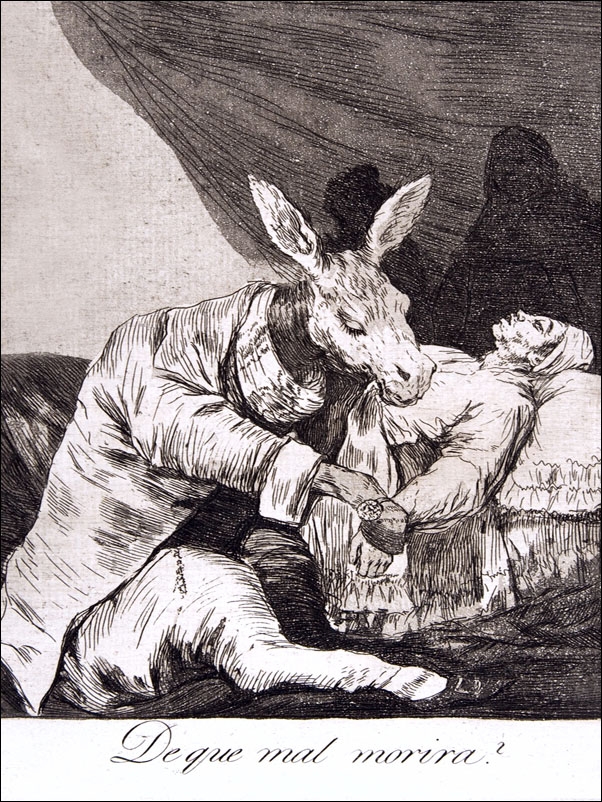Plate 40 from Los Caprichos- Of what ill will he die (De que mal morira), Francisco Goya - plakat Wymiar do wyboru: 50x70 cm