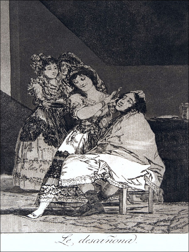 Plate 35 from Los Caprichos- She fleeces him (Le descañona, Francisco Goya - plakat Wymiar do wyboru: 40x50 cm