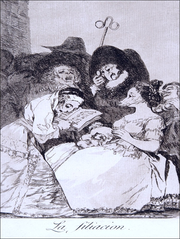 Plate 57 from Los Caprichos-The filiation (La filiacion, Francisco Goya - plakat Wymiar do wyboru: 50x70 cm
