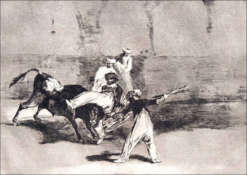 Plate 8 from the Tauromaquia- A Moor Caught by the Bull in the ring, Francisco Goya - plakat Wymiar do wyboru: 50x40 cm